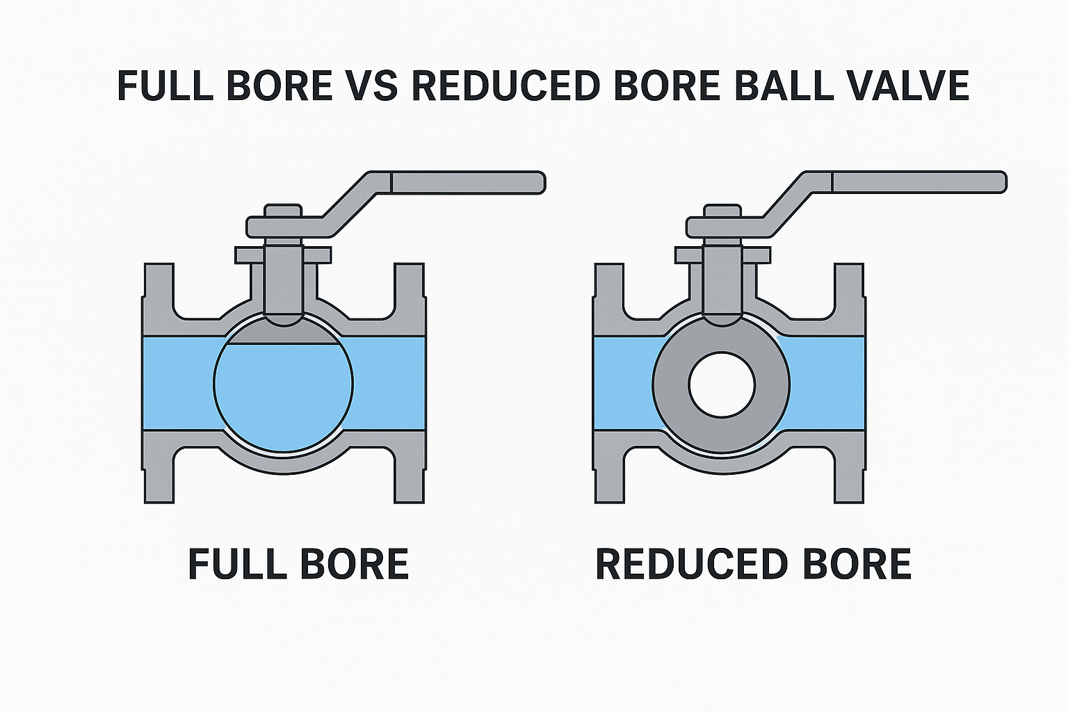Full Bore vs Reduced Bore Ball Valves: Which One is Right for Your Application? 2 full bore vs reduced bore ball valve cross-section