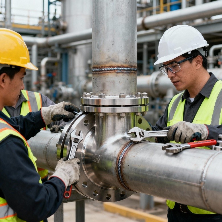How ASME B16.5 Forged Stainless Steel Flanges Eliminated Leakage Issues in a Corrosive Chemical Plant Pipeline 3 Technician tightening ASME B16.5 flange bolts using torque wrench during installation