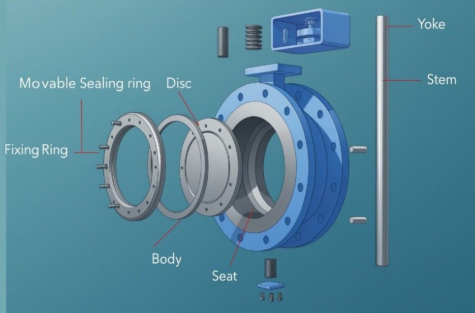 Triple Offset Butterfly Valves: Engineering Design, Operation, and Applications in High-Temperature & Critical Service 4 Engineering design structure of metal-seated Triple Offset Butterfly Valve with conical sealing and zero-leakage mechanism