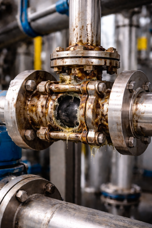 Ball Valve Failure Analysis in a Chemical Plant 2 Damaged flanged ball valve with corrosion and leakage installed in a chemical plant pipeline