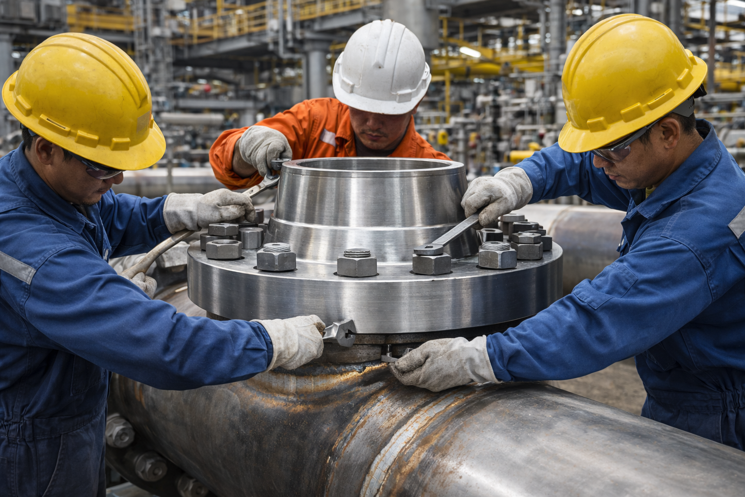 ASME B16.47 Series A vs Series B Flanges 7 Installation of large diameter ASME B16.47 flanges on pipeline illustrating alignment and bolting challenges