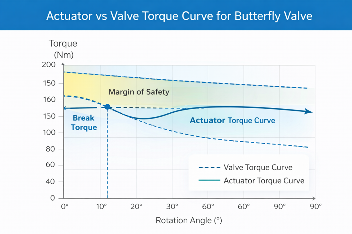 Actuator vs valve torque curve for butterfly valve