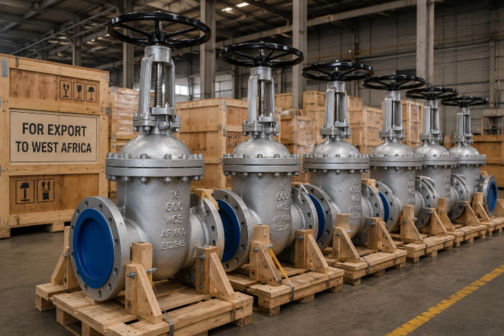 API 600 cast steel gate valves Class 150 to 2500 prepared for export to a West African refinery project with OS&Y rising stem design and RF flanged ends.