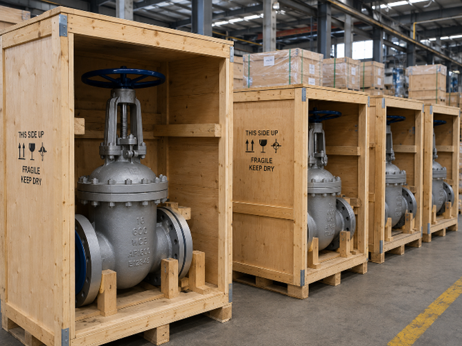 API 600 gate valves packed in export-grade wooden crates after TÜV inspection for delivery to a refinery expansion project in West Africa.