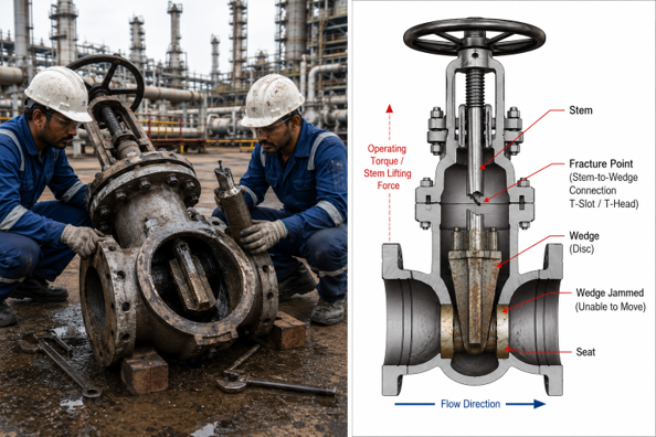 Broken gate valve stem after wedge seizure in refinery isolation valve