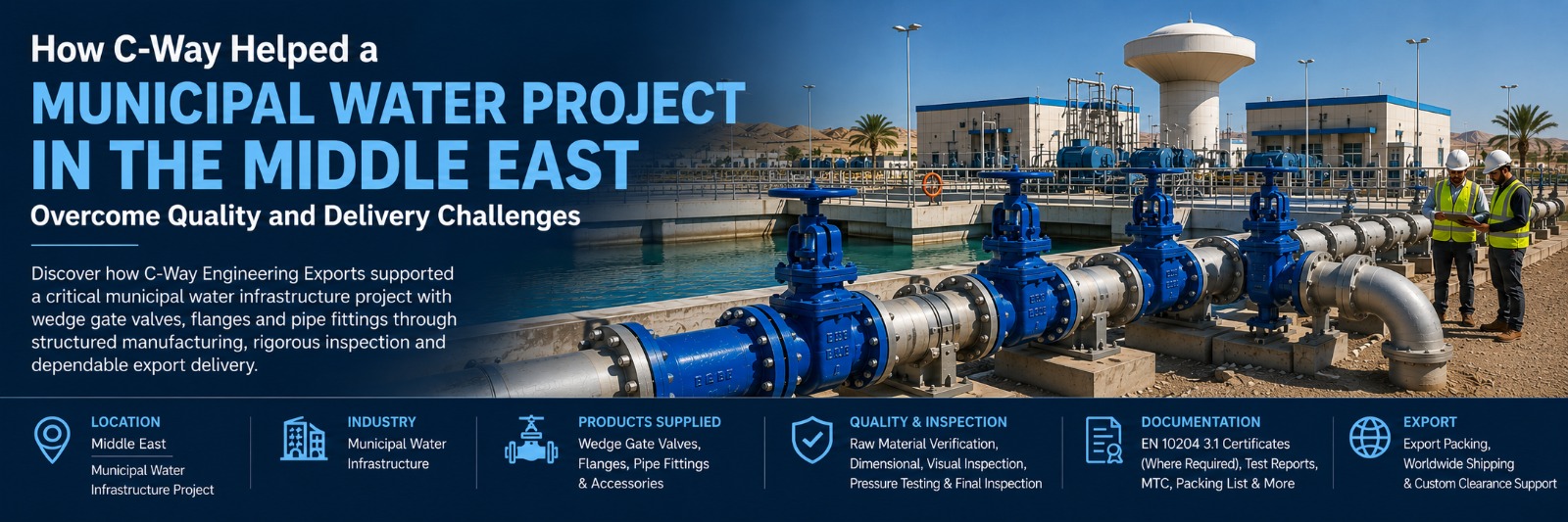 Municipal Water Infrastructure Case Study: Supplying Wedge Gate Valves, Flanges & Pipe Fittings for a Middle East EPC Project 1 C-Way Engineering Exports supplying industrial valves, flanges and pipe fittings for a municipal water infrastructure project in the Middle East