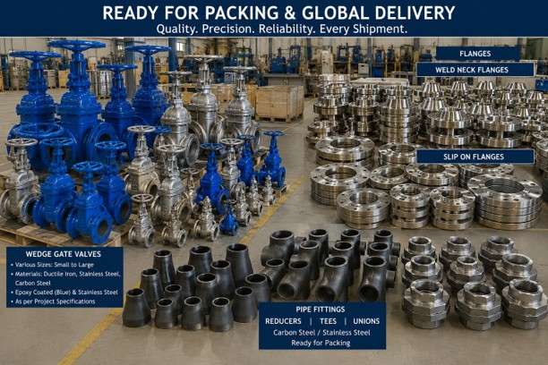 Municipal Water Infrastructure Case Study: Supplying Wedge Gate Valves, Flanges & Pipe Fittings for a Middle East EPC Project 3 Export packing of industrial valves, flanges and pipe fittings prepared for shipment to a Middle East infrastructure project