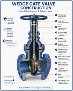 Solid Wedge vs Flexible Wedge vs Split Wedge Gate Valve 4 Internal construction of a wedge gate valve showing wedge, stem, bonnet, seat and valve body