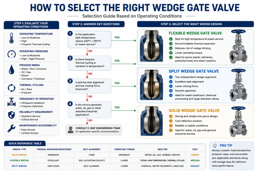 Solid Wedge vs Flexible Wedge vs Split Wedge Gate Valve 6 Selection guide for choosing Solid, Flexible or Split Wedge Gate Valves based on operating conditions.