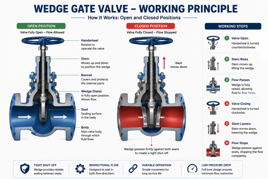 Solid Wedge vs Flexible Wedge vs Split Wedge Gate Valve 2 Working principle of a wedge gate valve showing open and closed positions with wedge movement