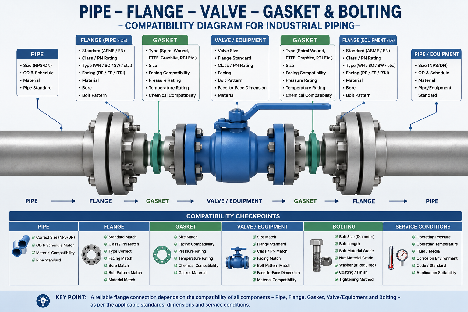 Flange Compatibility Guide: Pipe, Valve, Gasket & Bolting 4 Industrial flange types including weld neck, slip-on, socket weld, threaded, lap joint and blind flanges