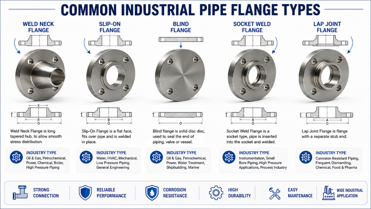 Flange Compatibility Guide: Pipe, Valve, Gasket & Bolting 2 Industrial flange types including weld neck, slip-on, socket weld, threaded, lap joint and blind flanges
