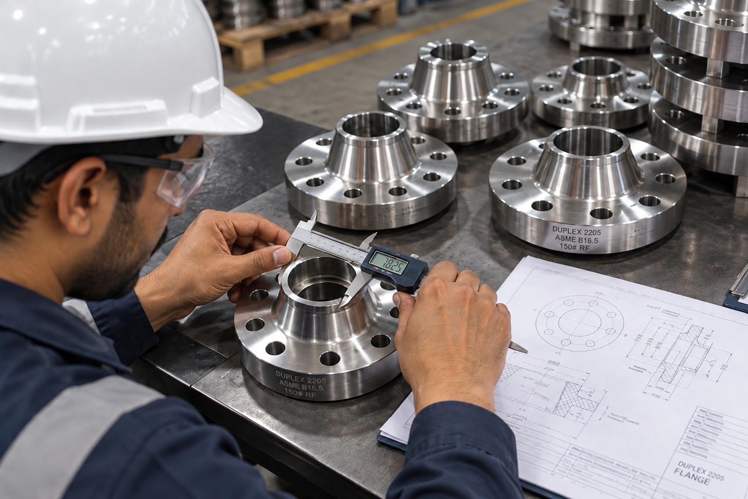 Duplex & Super Duplex Pipe Fittings 3 Precision Flange Inspection in Workshop