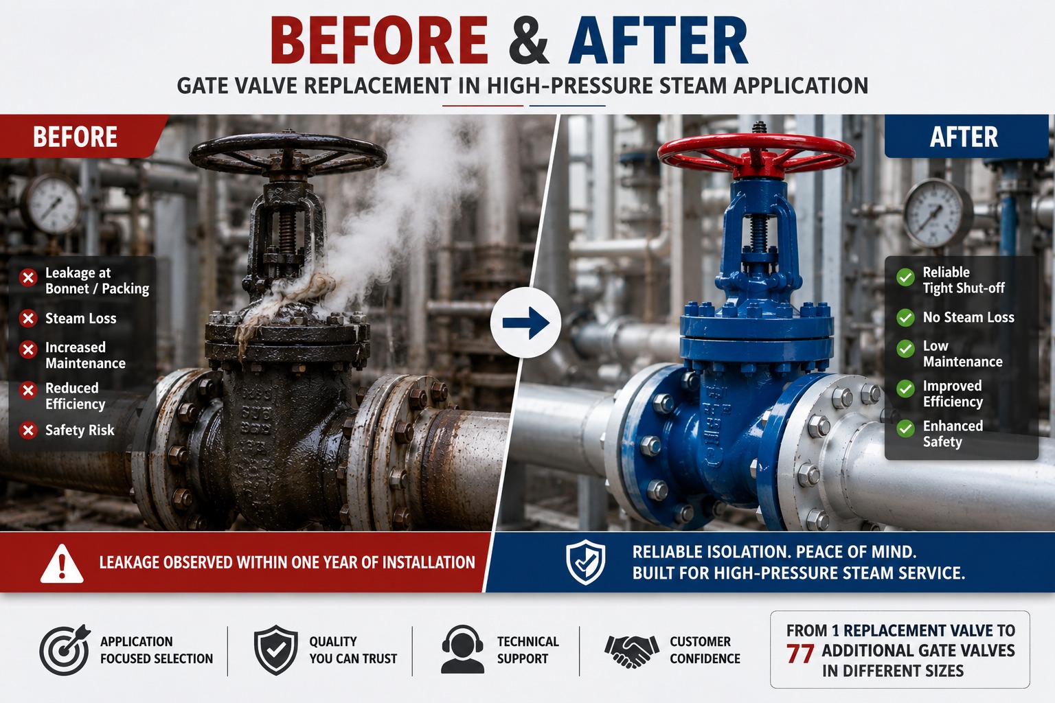 gatevalve replacement in high pressure steam application after and before