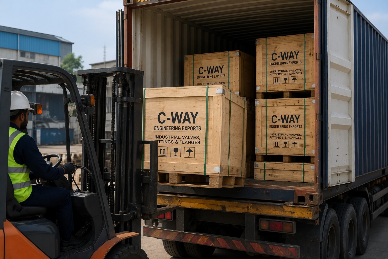 C-Way Engineering Exports wooden export crates of industrial valves, fittings and flanges being loaded into a shipping container for delivery to Nigeria