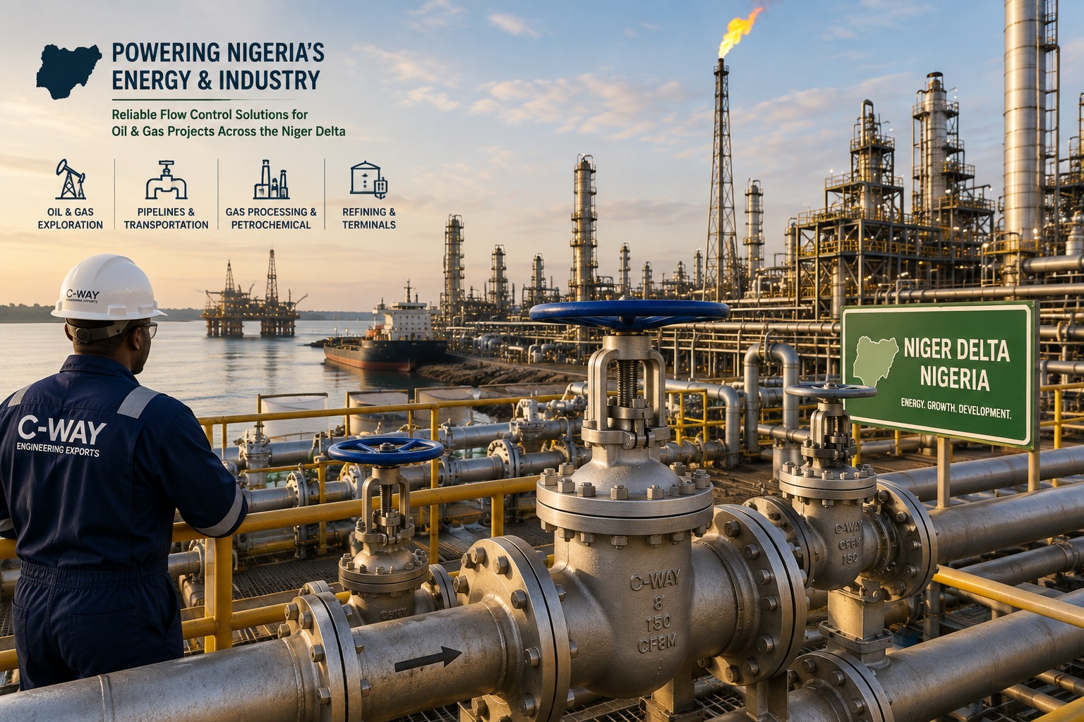 C-Way Engineering Exports supplying gate valves and flow control equipment for oil & gas pipeline and refining infrastructure in the Niger Delta, Nigeria