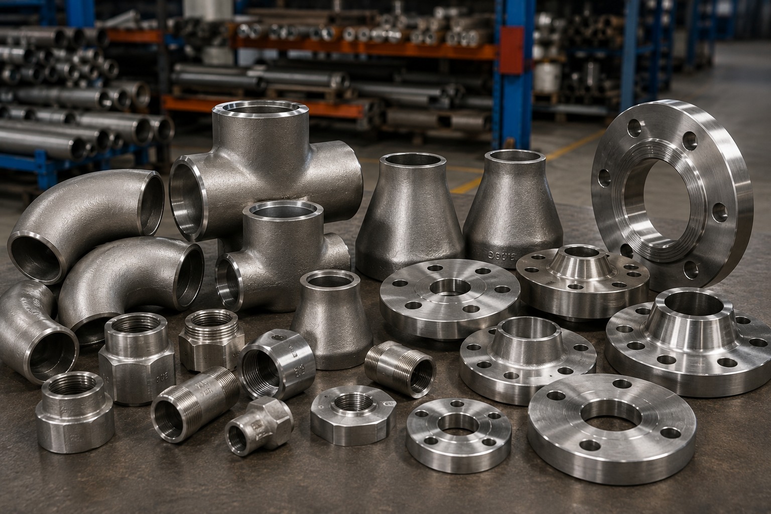 C-Way stainless steel pipe fittings and industrial flanges ready for export to Nigeria - elbows, tees, reducers, couplings and weld neck flanges