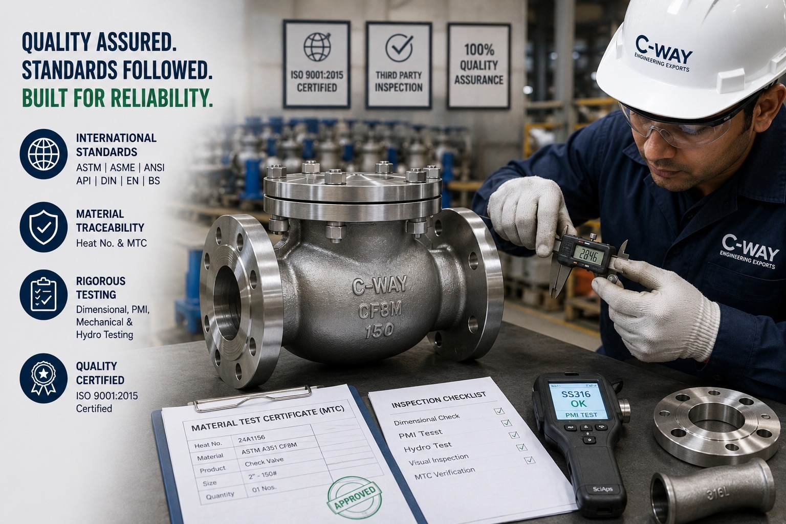 C-Way Engineering Exports quality assurance - ISO 9001:2015 certified inspection, material test certificate, PMI testing and dimensional inspection of a stainless steel check valve