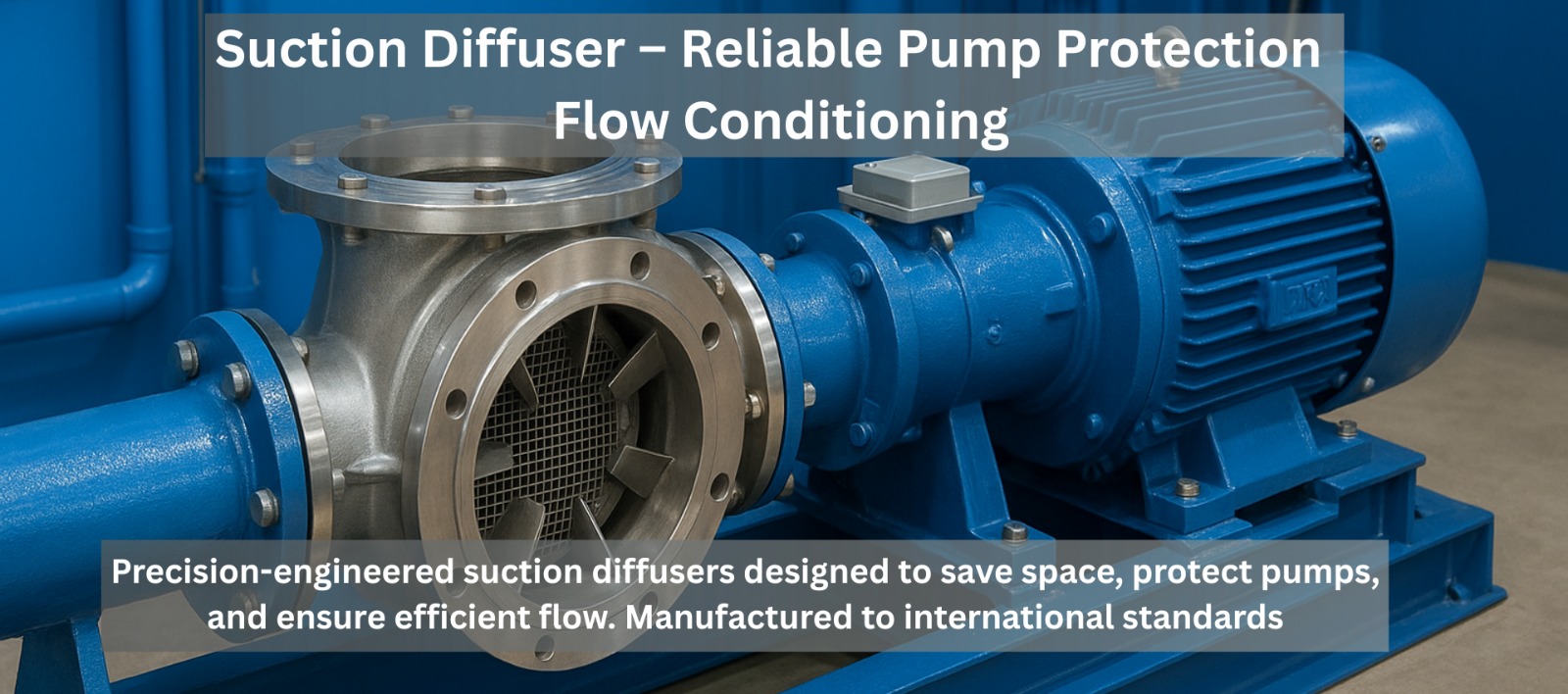 Industrial suction diffuser banner showcasing pump protection and flow conditioning solutions by C-Way Engineering
